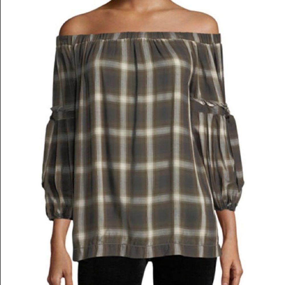 Max studio off shoulder Plaid Top